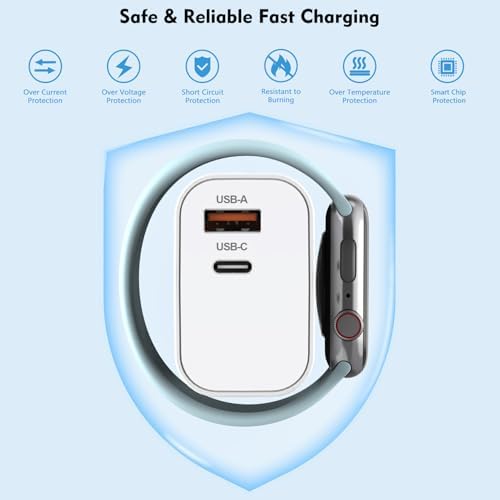 23 W 3-in-1 Multi-Device Charger for Apple Watch & i Phone – Rapid Dual Port USB-C & USB-A Power Adapter with Wireless Magnetic Charging for i Watch Ultra/SE/10/9/8 & i Phone 16/15/14 – Compact Travel Charger for Efficient Power Solutions