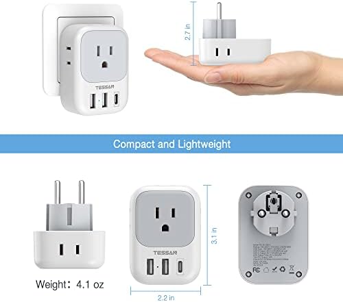 Ultimate European Travel Power Adapter: 4 AC Outlets & 3 Fast Charge USB Ports (1 USB-C PD 20 W) – Compact, Foldable Design for Effortless Connectivity in Spain, France, Germany, Italy, Portugal & Iceland – Versatile Compatibility for All Your Devices