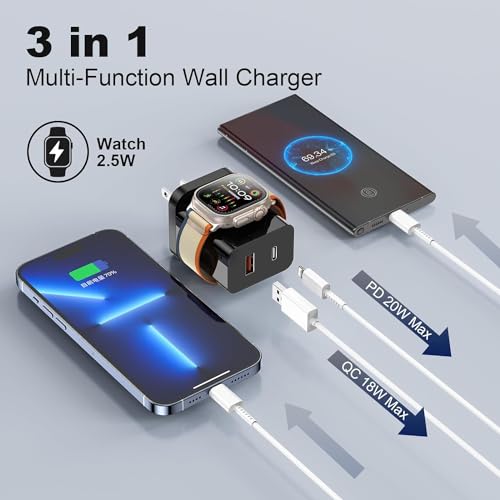 20 W PD 3-in-1 Fast Charger for Apple Watch, i Phone & Air Pods – Magnetic Wireless Charging Station with Dual USB Ports – Compact USB-C Wall Charger for Ultimate Portability and Enhanced Device Compatibility