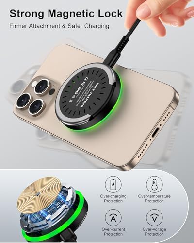 Ultra-Fast 15 W Magnetic Wireless Charger with Kickstand & 3.3 FT USB-C Cable – Optimized for i Phone 16/15/14/13/12, Air Pods & Samsung Galaxy – Enhanced Stability, Safety Features & Versatile Viewing Angles for Seamless Charging Experience