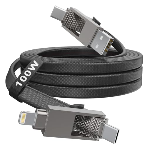 Versatile 10 FT 4-in-1 USB C Fast Charging Cable – 100 W Power Delivery with Lightning, USB-C, and USB-A Ports – Multi-Device Charger for i Phone, Samsung, Mac Book, and i Pad – Quick Data Sync and Durable Design for Ultimate Convenience