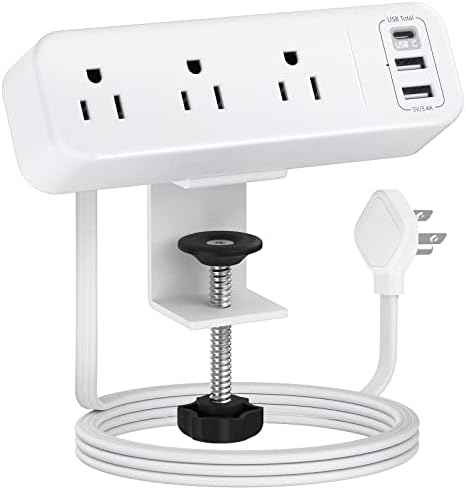 Premium Desk Clamp Power Strip with USB C – 3 Outlet Extension Cord for Streamlined Workspaces, 6.5 ft Thin Cable, Space-Saving Flat Plug Design for Easy Mounting on 1.6 inch Desktops – Fast Charge Capability for Modern Devices