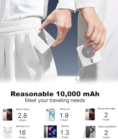 Magnetic 4-in-1 Universal Power Bank – 10,000 m Ah Qi2 Certified Travel Charger with Integrated Cables and 30 W Fast Charging – Versatile Compatibility for i Phone, Samsung, i Pad & More – Sleek LED Display, Built-in USB-C and Lightning Cable, Global Plug Adaptors – Effortless Wireless Charging Anywhere with Enhanced Portability and Efficiency