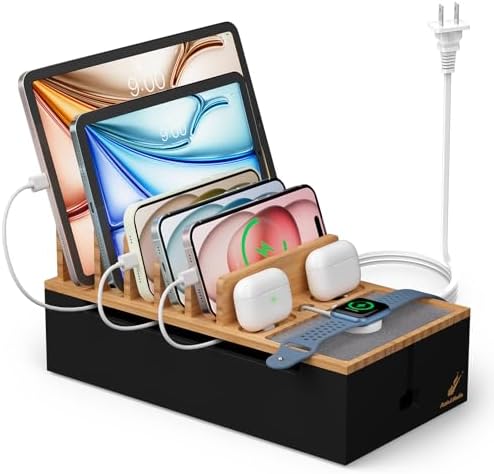 Pezin & Hulin Premium Cable Management Box – Multi-Device Charging Station with 5-Port Adapter & 6 Versatile Cables – Elegant Natural & Black Design for Seamless Organization and Clutter-Free Living – Ideal for Home Offices and Modern Spaces