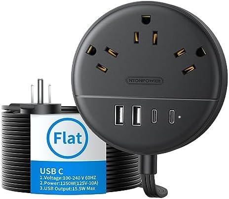 Flat Extension Power Strip with USB Charging Ports – NTONPOWER 5 Ft Slim Cord Surge Protector for Home & Office – 3 AC Outlets + 2 USB-C & 2 USB-A Ports for Fast Device Charging – Ideal for Space-Saving & Travel Use