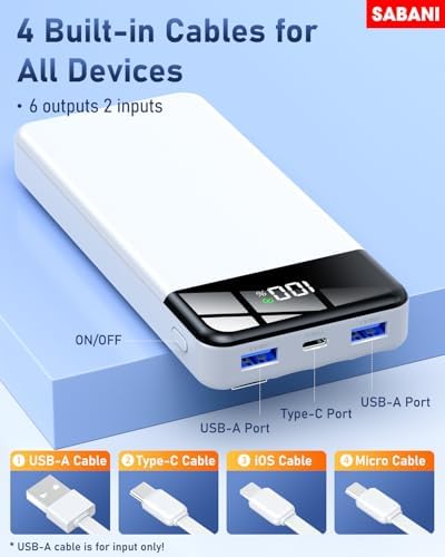 SABANI 35000 m Ah Power Bank – All-in-One Portable Charger with 4 Integrated Cables, 22.5 W Fast Charging for i Phone 16/15/14/13 & Samsung Android Devices – Ultimate On-the-Go Battery Solution in Sleek Black Design for Seamless Connectivity and Reliability