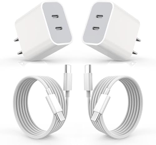 Dual USB-C Fast Charging Block for i Phone 16 | 2-Pack Adapter Set with USB-C Cables | Universal Compatibility for i Phone 15, i Pad Pro | Efficient PD Charging Solution for Home & Travel | Compact Design for On-the-Go Power Management