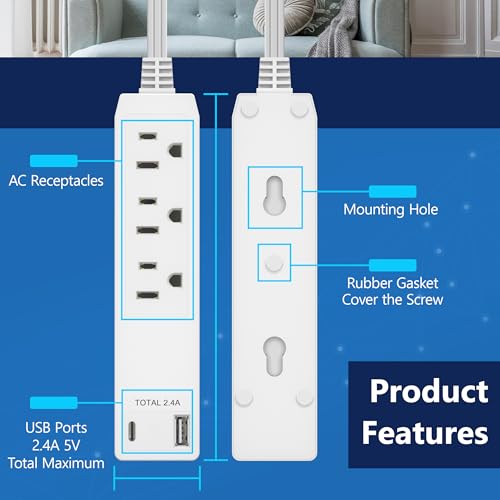 Elevate Your Power Management with the LIDER Ultra-Thin Outlet Extender – 3 Receptacles, 12 W USB Type-A & USB Type-C Charging Ports, Compact Flat-Face Design, 3 ft Cord, ETL-Listed Safety Assurance, Perfect for Home and Office Use
