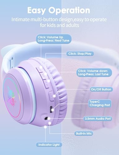 Whimsical Cat Ear Bluetooth Headphones for Kids & Adults – Immersive Hi-Fi Sound, 55-Hour Playtime, LED Light-Up Design, Built-In Microphone, and Universal Compatibility with i Phone, i Pad, Laptop & PC for Ultimate Fun and Comfort