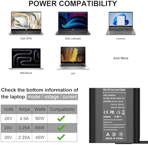 Dell 65 W USB-C Laptop Charger – High-Speed Replacement for XPS, Chromebook, Latitude, and Inspiron Models – Dual Compatibility for Home and Office Use – Enhanced Power Delivery (PD 3.0) for Efficient Charging – Ideal AC Adapter for Work and Travel