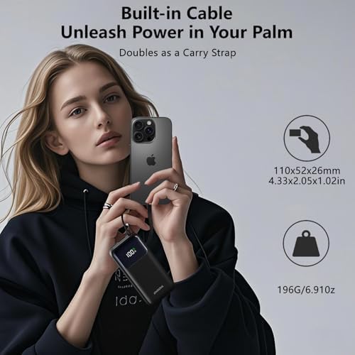 10,000 m Ah Portable Power Bank with Integrated USB-C Cable – Ultra-Fast Charging Solution for i Phone 16/15, Mac Book, Galaxy, i Pad & Air Pods – Your Essential Travel Power Companion with Superior Device Compatibility and Speed
