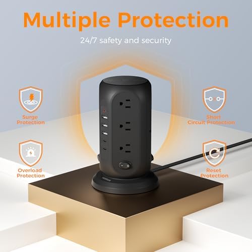 TESSAN Tower Power Strip Surge Protector – 12 Outlets with Individual Switches, 5 Fast-Charging USB Ports (2 USB-C), 10 Ft Flat Extension Cord with Discreet Plug Design – Ideal Multi-Device Charging Station for Office and Dorm Use