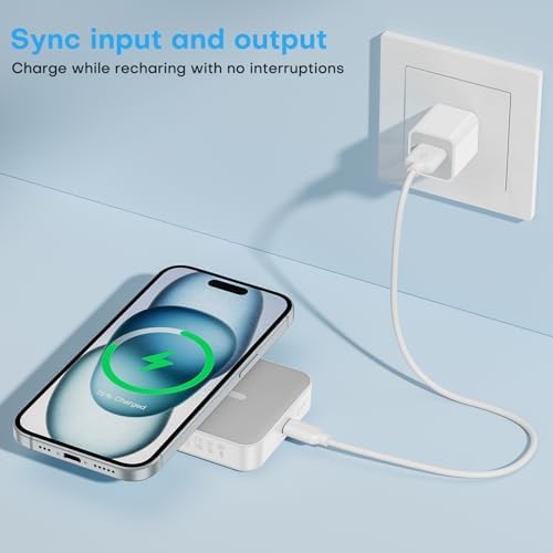 OMOTON 10,000 m Ah Magnetic Power Bank with Foldable Stand – Fast Charging Battery Pack for i Phone 15 and Above, Enhanced LED Display for Real-Time Monitoring, Sleek Gray and White Design for Ultimate Portability and Style