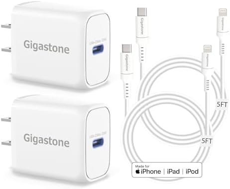 Gigastone 20 W USB-C Fast Charger with MFi Certified 5 FT Lightning Cable – High-Speed PD 3.0 Power Adapter for i Phone 14/13/12/11, i Pad, Air Pods & Apple Pencil – Ultimate Charging Solution for Apple Devices on the Go