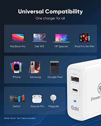 Powerlot Zero 68 W Dual USB-C Wall Charger – Fast Charging Ga N Adapter with 60 W & 18 W Outputs for Mac Book Pro, Dell Laptops, i Phone 14/13 Pro Max Plus, and i Pad Pro – Compact & Foldable Design for Ultimate Portability and Safety Features