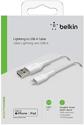 Belkin Boost Charge 9.8 ft Lightning Cable – MFi Certified Apple i Phone Charger for Fast, Convenient Charging – Durable & Tangle-Free USB to Lightning Cord in Sleek White Design – Perfect Length for Uninterrupted Use – Elevate Your Apple Device Experience