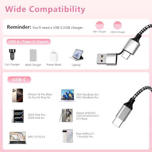20 FT Extra Long Nylon Braided USB-C Charger Cable for i Phone 15/16 – 3-in-1 60 W Fast Charging Data Cord Compatible with i Pad Pro, Android, Samsung, and Pixel – Ultimate Durability and Flexibility for All Devices