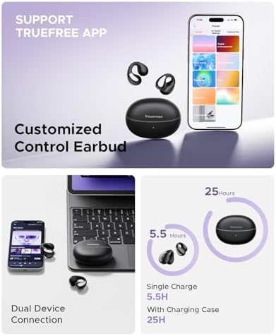 Elevate Your Sound Experience with truefree B1 Open-Ear Wireless Earbuds – Cutting-Edge Bluetooth 5.4 Technology, Immersive Spatial Audio, Ultra-Lightweight Clip-On Design, 25-Hour Long Battery Life with Quick Charge, Effortless Multipoint Connectivity for Smooth Device Switching, and Customizable Audio Settings via App for Personalized Listening Excellence. Perfect for Active Lifestyles, These Innovative Earbuds Combine Comfort and Awareness, Allowing You to Enjoy Music, Podcasts, and Calls While Staying Aware of Your Surroundings. Designed for Everyday Use, Whether at the Gym or on the Go, truefree B1 Offers Unmatched Sound Quality and Convenience, Transforming Your Audio Journey with Each Note.