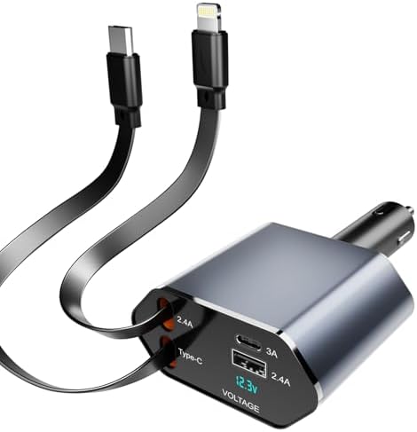 Versatile 4-in-1 Retractable Car Charger – 60 W Fast Charging with Dual USB Ports, Tangle-Free Cables, and Voltage Display for i Phone 16/15/14/13/12/11 & Android Devices – Compact Multi-Device Solution for On-the-Go Power