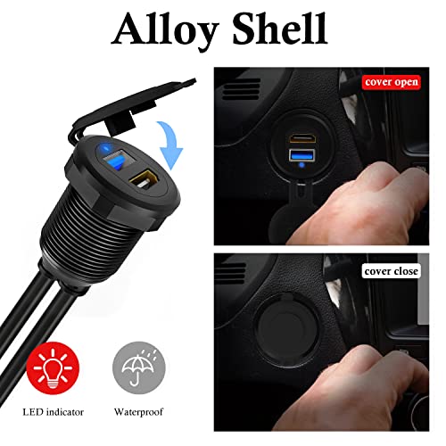BATIGE Type C USB 3.0 Flush Mount Extension Cable – 3 ft Alloy Shell Car, Truck & Motorcycle Dashboard USB Port with LED Indicator for Enhanced Durability and Seamless Connectivity