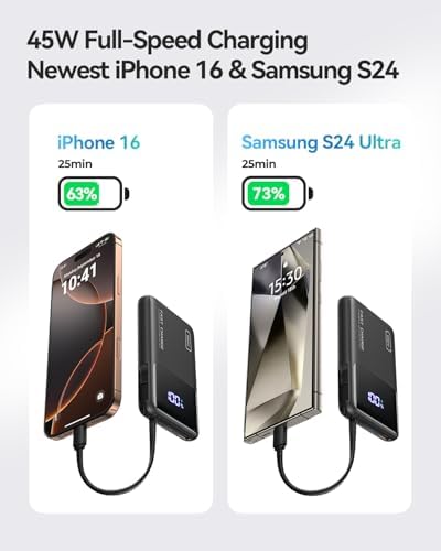 Experience Ultimate Portability with the INIU 45 W Slim 10,000 m Ah Power Bank – Built-in USB-C Cable for Fast Charging on the Go, Compatible with i Phone 16/15, Samsung S24/S23, Google Devices and More, Your Perfect Travel Companion for Uninterrupted Connectivity and Convenience
