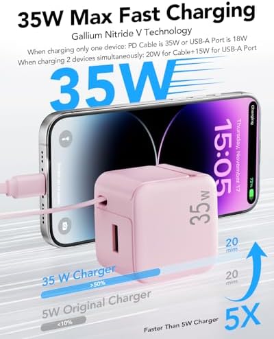 Rapid 35 W Ga N USB Wall Charger with Retractable Lightning Cables – Portable and Sleek Charging Solution for i Phone 14/13/12 & i Pad – Tangle-Free Design for Effortless Travel and Enhanced Compatibility with Apple Devices