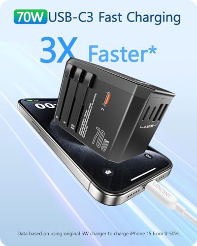 LENCENT 70 W Universal Travel Adapter – High-Efficiency Ga N Fast Charger with Triple PD3.0 Type-C Ports & Dual QC USB-A Outlets for Global Power Needs – Compact Power Converter Compatible with EU, USA, UK, AU Devices – Perfect for Laptops, Phones & Tablets on the Go