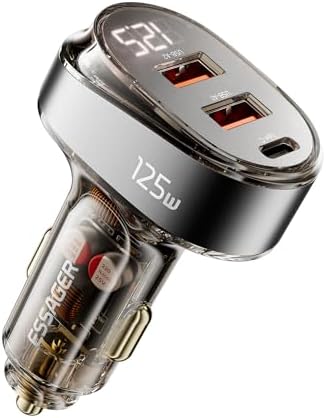 Essager 125 W Ultra-Fast Laptop Car Charger with Dual USB PD/PPS/QC 3.0 for i Phone, Mac Book & Samsung Devices – Versatile Automotive Power Adapter with Voltmeter & LED Indicator, Perfect for 12-24 V Cigarette Lighter Use