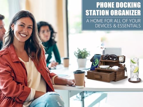 Black Wood Phone Docking Station with Drawer, Compatible with Apple Watch – Wood Charging Station Organizer Stand, Bedside Nightstand Organizer for Men, Holds, Tablet, Glasses, Keys, EDC – Enhanced Compatibility and Speed