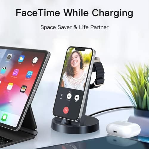 DUMTERR 3-in-1 Wireless Fast Charging Dock – Streamlined Charging Solution for i Phone 14 Pro Max/13/12/11/X/8 Plus, Air Pods & All Apple Watch Models (8/Ultra/7/6/SE/5/4/3/2) – Space-Saving Design with Enhanced Safety Features for a Modern Workspace and Effortless Multi-Device Power-ups