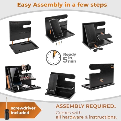 TESLYAR Wood Phone Docking Station for Men – Desktop or Nightstand Organizer – Birthday Gifts for Men, Dad – Anniversary Idea from Wife – Key Holder, Stand Wallet, Watch & Essentials (Antique Brown) – Enhanced Compatibility and Speed