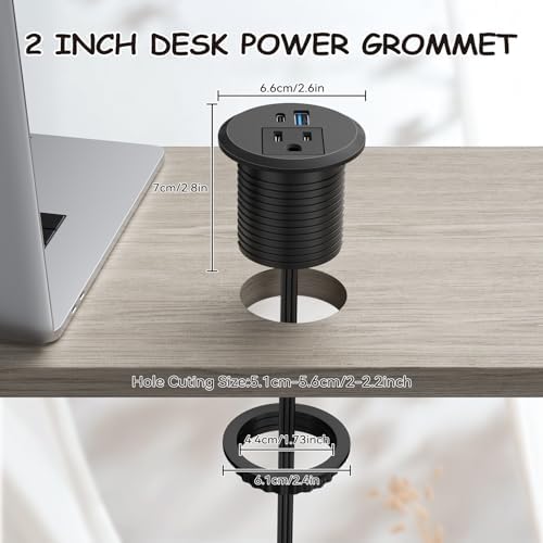 XBA 2-Inch Recessed Desktop Power Grommet with PD 20 W USB-C and 18 W USB-A Ports – Streamlined Hidden Power Outlet with 6 FT Extension Cord for Efficient Charging in Home Offices and Conference Rooms – Elevate Your Workspace Organization and Productivity