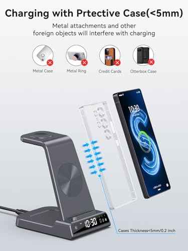 Upgrade Your Charging Experience with the Premium 3-in-1 Wireless Charger Station for Samsung Devices – Ultra-Fast Dock for Galaxy S24 Ultra, S23 Ultra, Z Flip 6, Fold 5, Galaxy Watch 7/6/5 Pro, and Buds – Modern Wood Grain Design with Integrated Clock for Enhanced Organization and Style