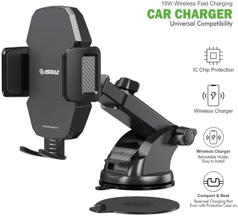 Car Phone Holder &15W Wireless Fast Charger, Auto-Clamp Qi Charging Mount, 360° Adjustable Phone Holder for iPhone/Android, Air Vent Mount with Overcharge Protection – by Esoulk – Enhanced Compatibility and Speed