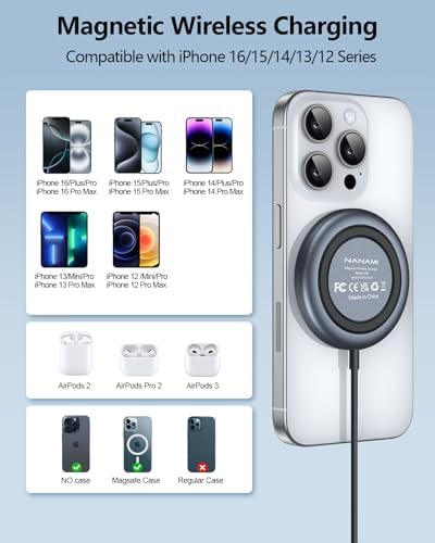NANAMI Magnetic Wireless Charging Pad – Premium Fast Charger for i Phone 16/15/14/13/12 & Air Pods 3/2/Pro/Pro 2 with 20 W PD USB-C Adapter – Sleek Design for Effortless Charging & Enhanced Compatibility