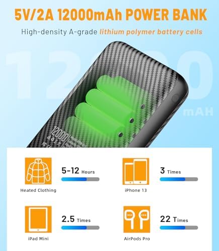 Compact Heated Vest Battery Pack with 5 V Power Output – USB-C Portable Charger for Heated Jackets, Pads & Hoodies – Enhanced Speed & Compatibility for Outdoor Comfort