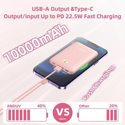 Ultra Slim ANOUV 10,000 m Ah Portable Charger – Fast Charging Power Bank with PD 22.5 W & QC 3.0 for i Phone and Android Devices – Lightweight External Battery for On-the-Go Charging Needs
