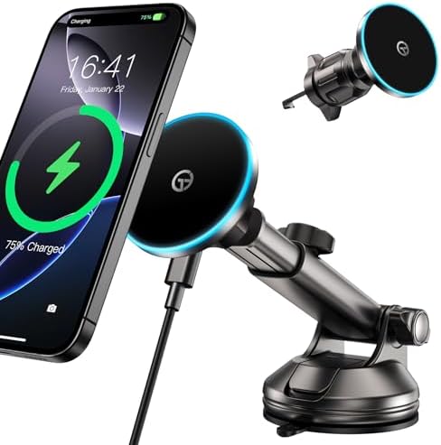 Mag Safe Wireless Car Charger Mount – Ultimate Magnetic Phone Holder for i Phone 12-16 Series, Dash/Windshield/Vent Compatibility, Enhanced Quick Charge with LED Light for Safe Navigation and Seamless Connectivity