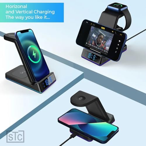 Revolutionary STC 5-in-1 Wireless Charging Station with Integrated Clock, Alarm, and Soothing Night Light – 15 W Qi Fast Charging for i Phone, Air Pods, and Apple Watch – Ultimate Space-Saving Solution for Modern Tech Enthusiasts