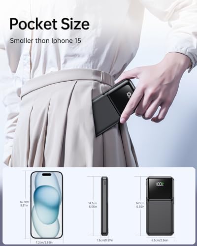 Ultra-Slim 10,000 m Ah Portable Power Bank with Built-in Cable – Fast Charging USB-C Travel Charger for i Phone, Samsung, Android & i Pad – Essential Battery Pack with Enhanced Compatibility and LED Indicator
