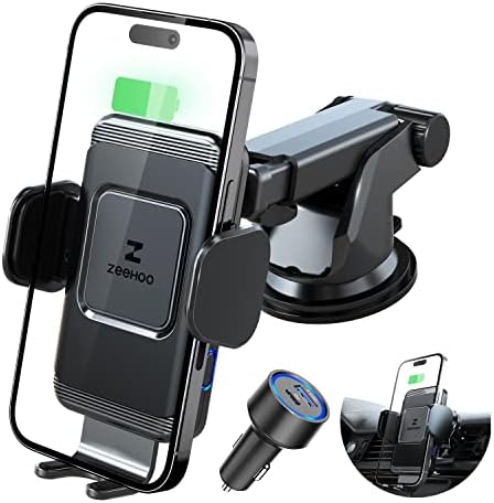 Zee Hoo 15 W Fast Wireless Car Charger with Auto-Clamp Mount – Effortless Qi Charging for i Phone 14/13/12 Mini/11 Pro Max & Samsung Galaxy S22/S21 – Multi-Position Holder for Windshield & Air Vent with 45 W QC3.0 Adapter for Enhanced Power Efficiency and Secure Usage