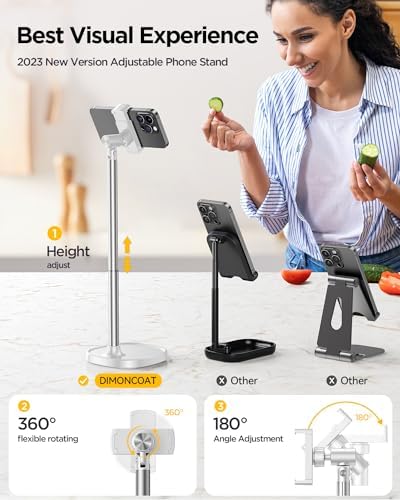 DIMONCOAT Adjustable Aluminum Alloy Cell Phone Stand – White, Universal Compatibility with 4-7 inch Devices, 180° Flip & 360° Rotation – Enhanced Compatibility and Speed