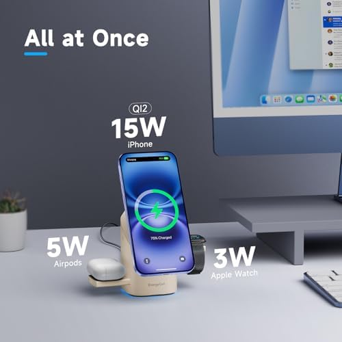 Revolutionary 3-in-1 Rotating Wireless Charger – Qi2 Certified 15 W Fast Charging Station for i Phone 16/15/14/13/12, Apple Watch & Air Pods – Enhanced Heat Management & Magnetic Alignment – Sleek Matte Design with Touch-Sensitive Stand and Ambient Night Light – Effortless Portrait/Landscape Mode for Seamless Use – Ultimate Charging Solution for All Your Apple Devices – Organized Desktop Power Hub with Smart IC Protection – Includes Power Adapter & USB-C Cable – Perfect for Home, Office, or Travel