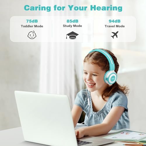 Chic Pink SIMOLIO Kids Headphones with Microphone – Volume-Limited Wired Design for Safe Listening – Adjustable Sound Levels (75/85/94 d B) for Hearing Protection – Perfect for School, Travel, and Home Use – Durable and Comfortable Fit for Active Young Listeners – Compatible with Smartphones & Tablets for Versatile Use