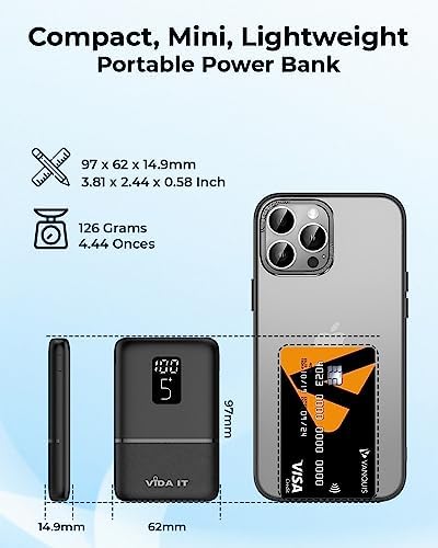 Vida IT 5000 m Ah Portable Charger – Lightweight USB-C Power Bank for i Phone XR, 11, 12, 13, Google Pixel, Samsung, Motorola, Xiaomi – Fast Charging with LED Display – Ideal for Heated Vests and Outdoor Use