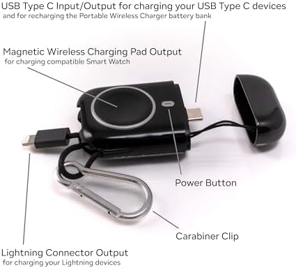 Compact 3-in-1 Magnetic Keychain Charger for Apple Watch – 2580 m Ah Power Bank with Lightning and USB-C Fast Charging for i Phone, Android, and Air Pods – Perfect Travel Companion for Active Lifestyles and On-the-Go Convenience