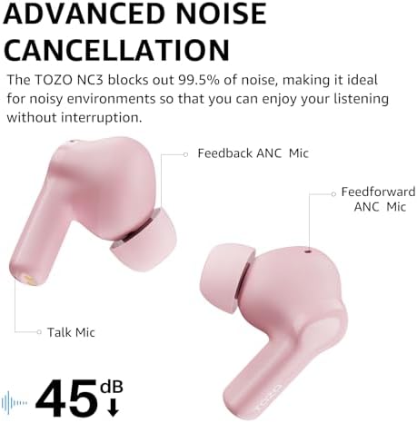 TOZO Elite Hybrid Active Noise Cancelling Wireless Earbuds – Cutting-Edge 6-Microphone AI Technology for Enhanced Call Clarity, 55-Hour Extended Battery Life, Customizable 32 EQ Settings via App, Bluetooth 5.3 for Fast Connectivity, IPX8 Waterproof for All-Weather Use, Ergonomically Designed for Comfort and Secure Fit