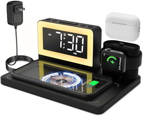 Revolutionize Your Charging Routine with the 7-in-1 Wireless Fast Charging Station – All-in-One Alarm Clock Dock for i Phone, Samsung Galaxy, Apple Watch & Air Pods – Enhanced Speed, Sleek Design, and Safety Features for Ultimate Convenience