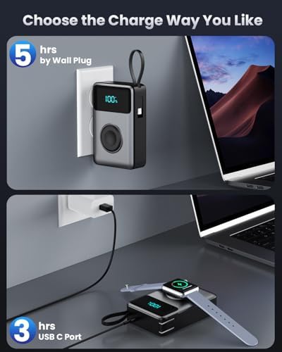 Versatile 4-in-1 Travel Charger with Integrated Wall Plug & USB-C Cables – 10800 m Ah Power Bank Featuring Magnetic Apple Watch Charging, QC4.0 & PD 25 W Fast Charging – Compact Solution for i Phone 16/15, Android Devices & More – Enhanced Portability & Smart Safety Features for On-the-Go Power