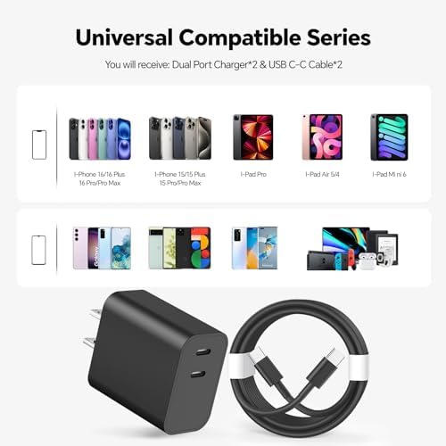 20 W Dual USB-C Fast Charger Block for i Phone 15/16 Series – Includes Two 10 FT USB-C Charging Cables, Perfect for Pro Max, Plus, Pro, i Pad Pro/Air – Compact, High-Speed Charging Solution (2 Pack, Black)
